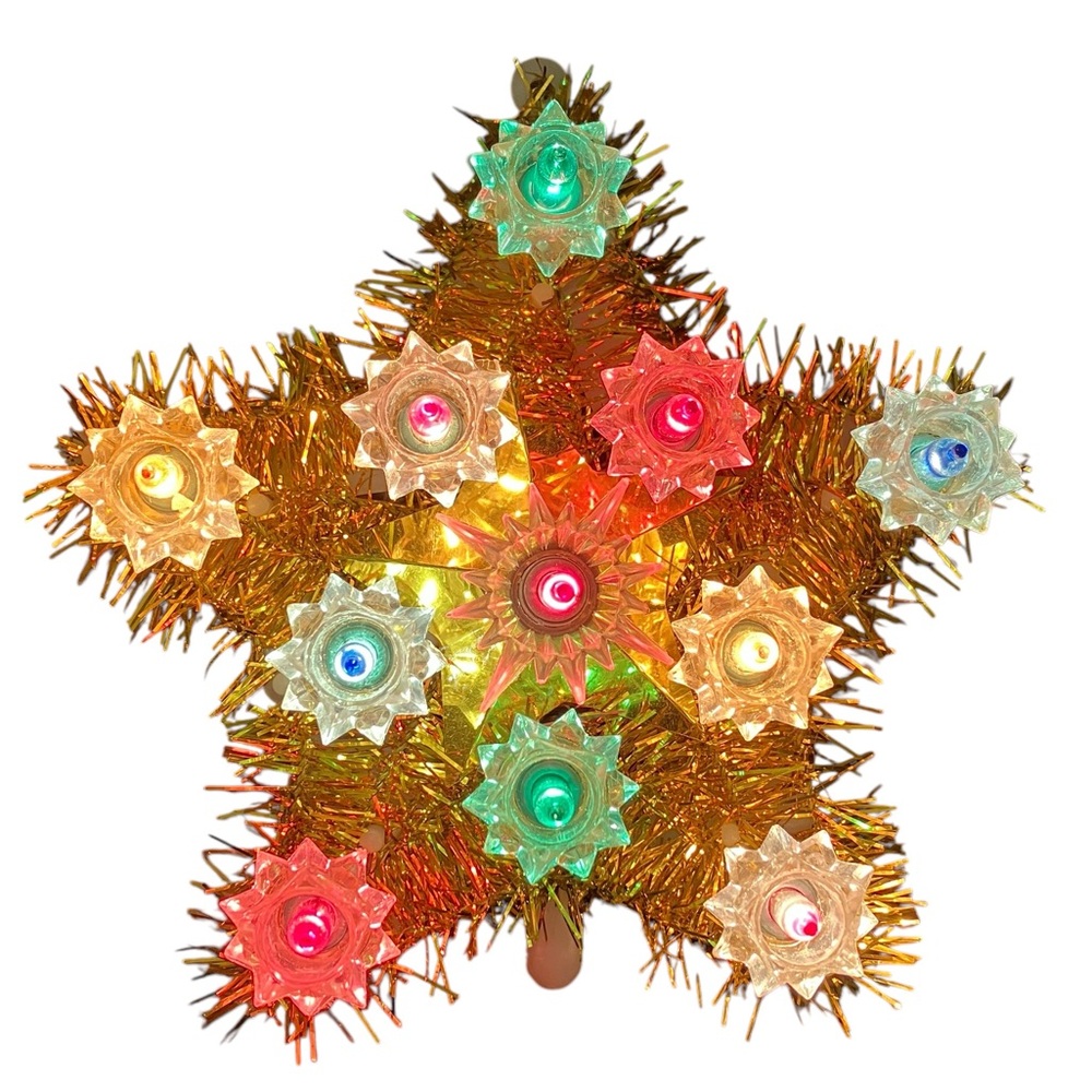 Vintage Gold Tinsel Small Christmas Tree Top Mutli Color Star